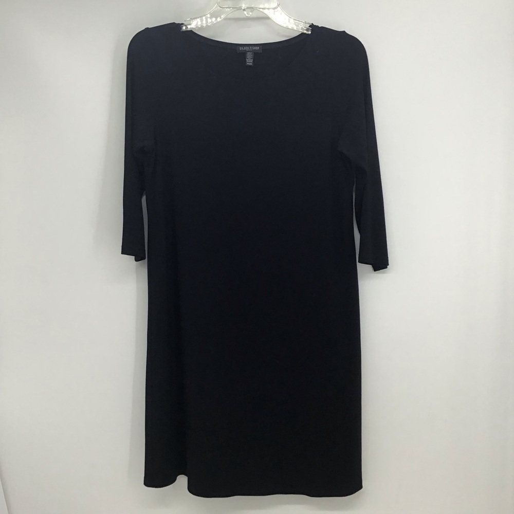 Eileen Fisher System Jersey Knit 3/4 Sleeve Dress Career Casual Black Size PS